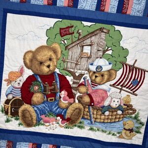 Vtg Blue Jean Teddy Baby Blanket Quilt Daisy Kingdom Bear Animals Farm USA 90’s